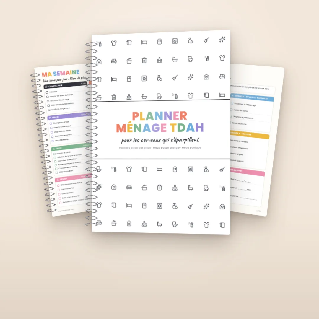 Planner Ménage TDAH : la couverture et les pages « Ma semaine » et « Salle de bain »