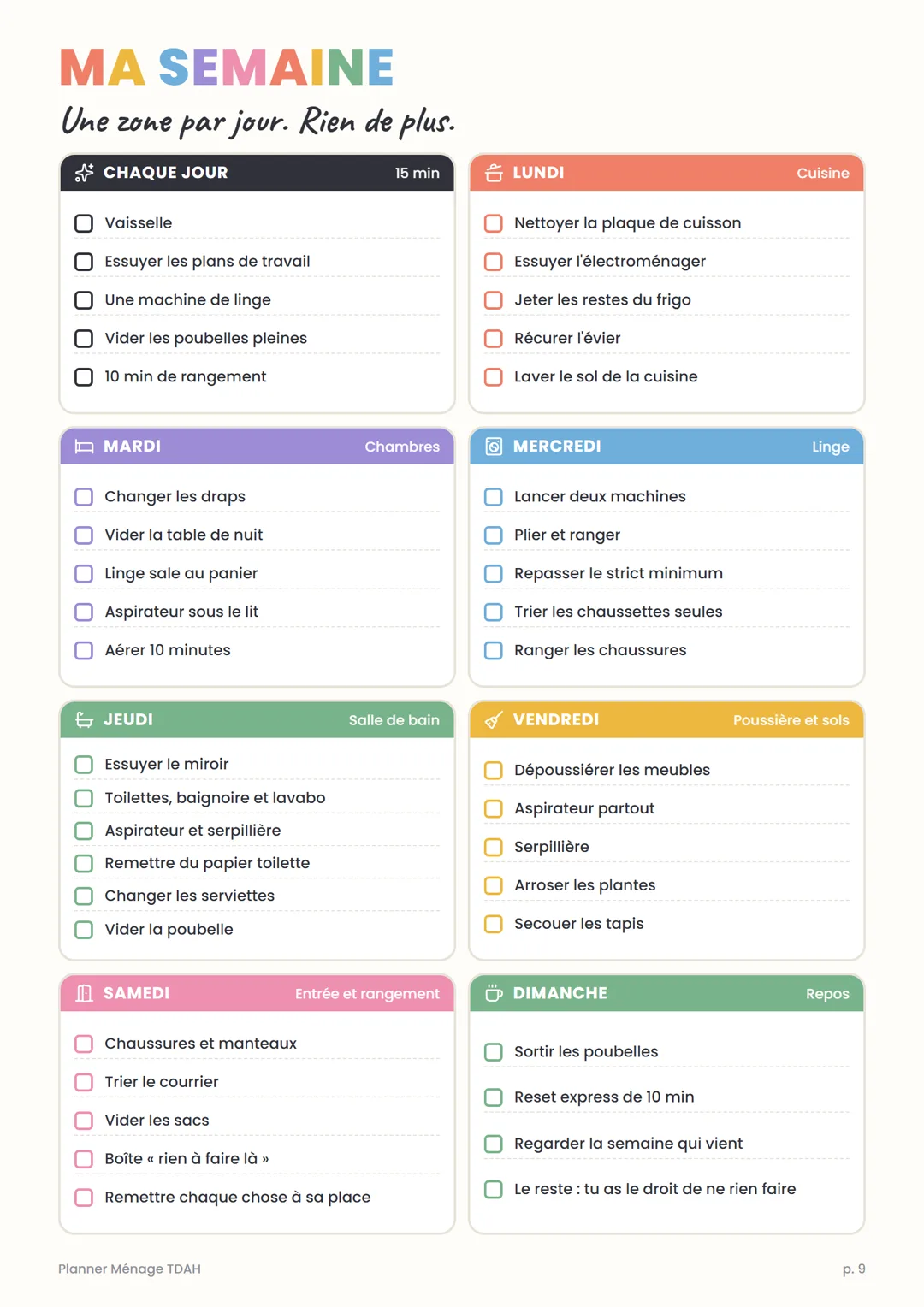 Page « Ma semaine » du Planner Ménage TDAH : une zone par jour