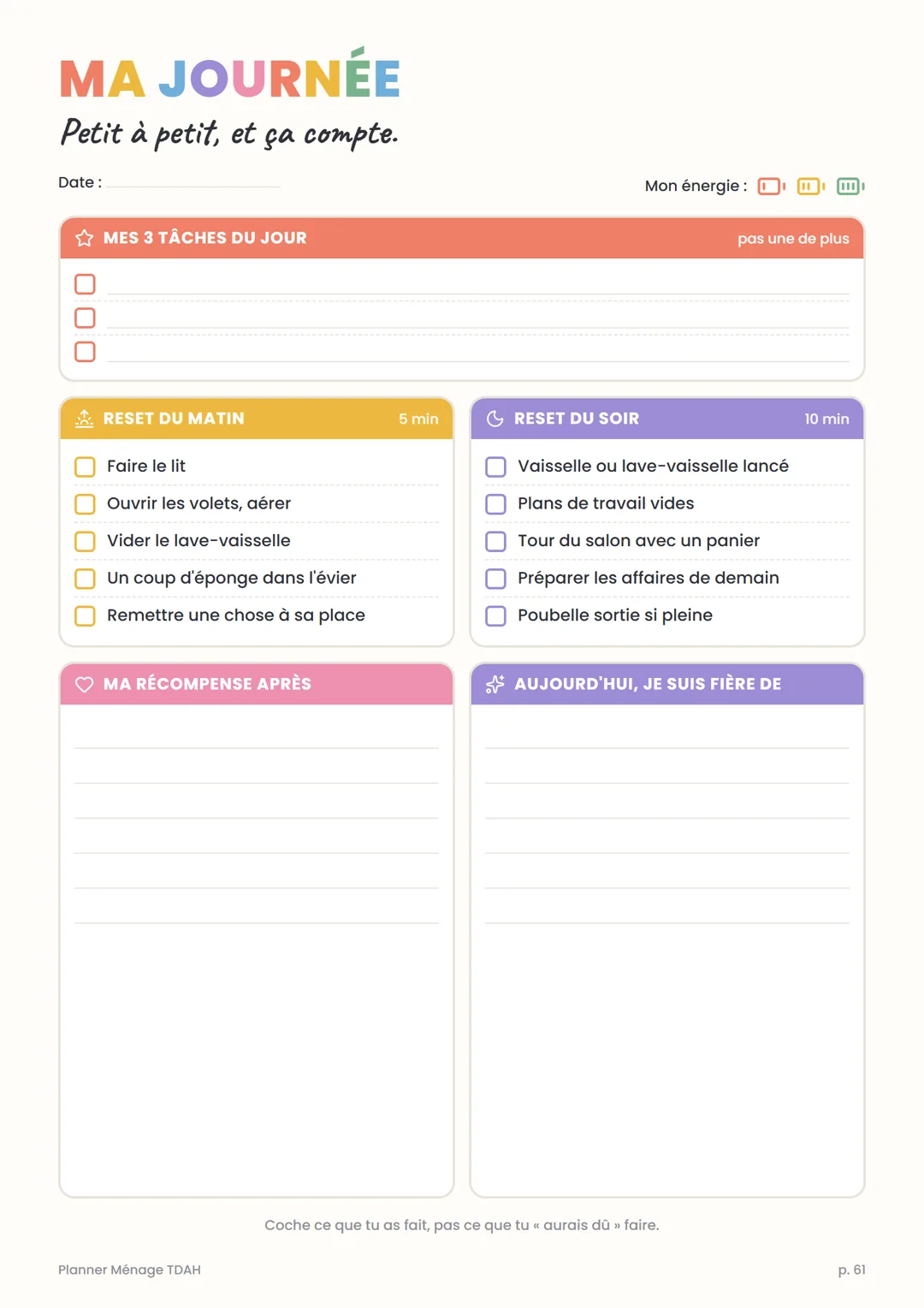 Page Ma journée : reset du matin et reset du soir